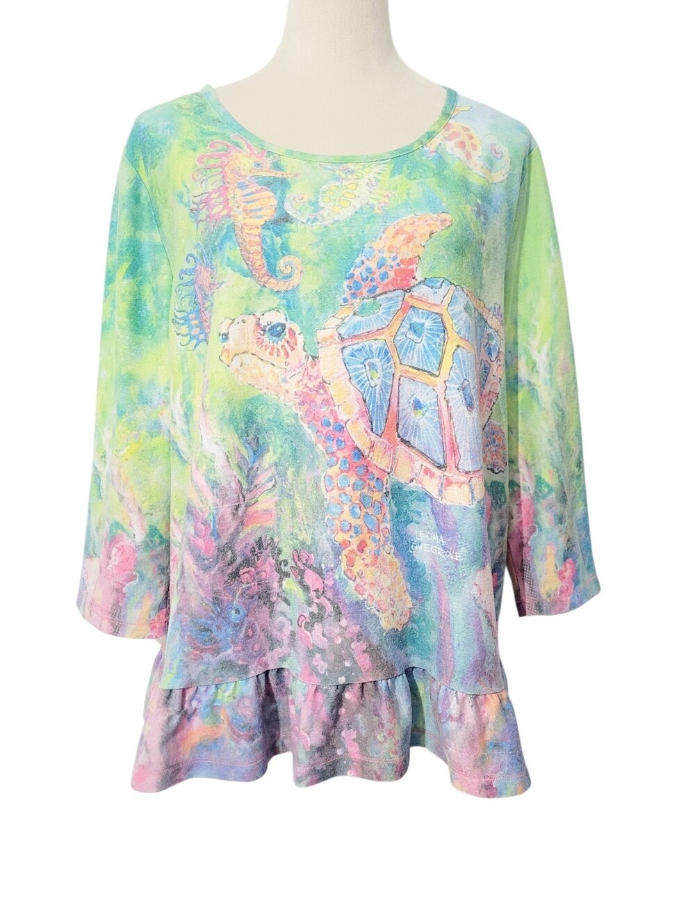 Leoma Lovegrove Size XL Sea Turtle Sweatshirt Coastal Art Ruffle Hem 3/4 Sleeve